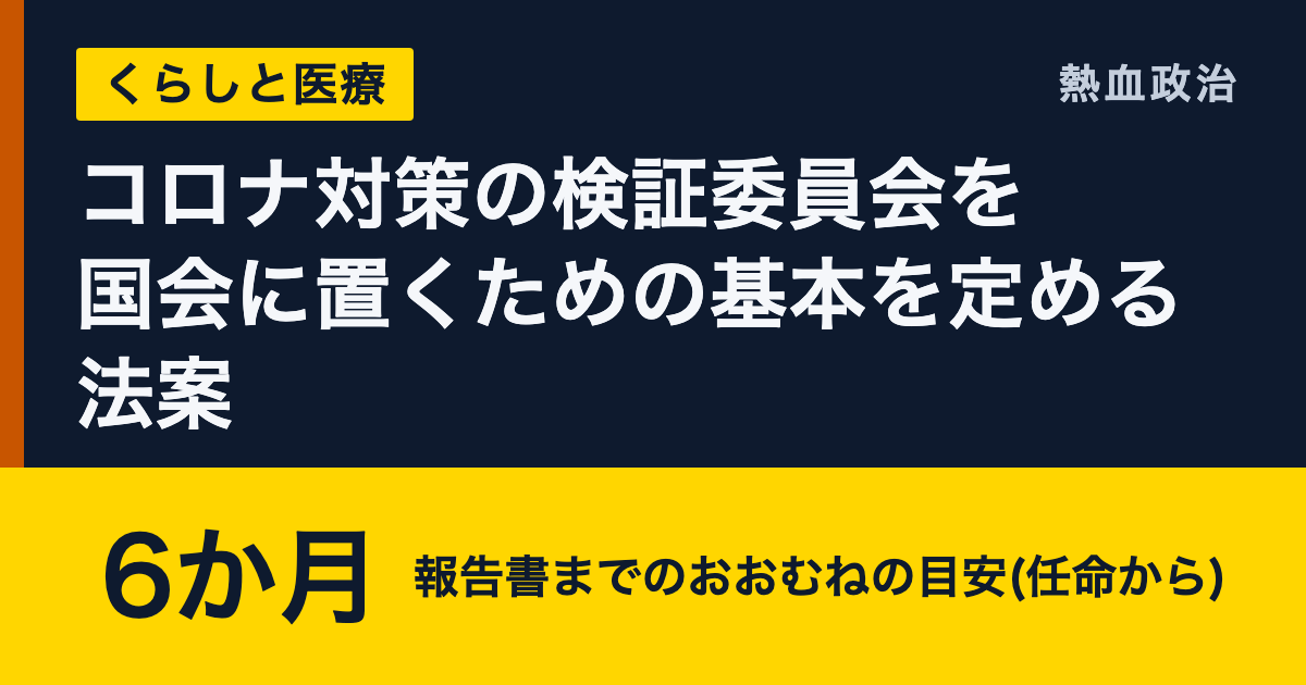コロナ対策の検証委員会を国会に置くための基本を定める法案|6か月 報告書までのおおむねの目安(任命から)