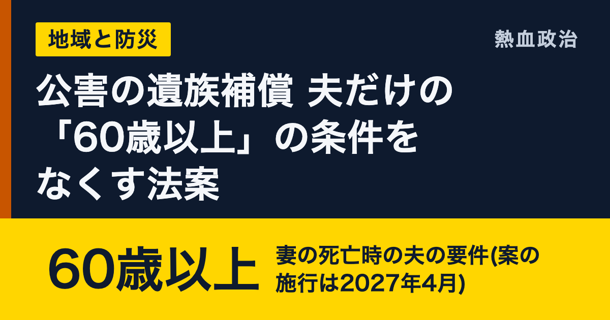 公害の遺族補償 夫だけの「60歳以上」の条件をなくす法案|60歳以上 妻の死亡時の夫の要件(案の施行は2027年4月)