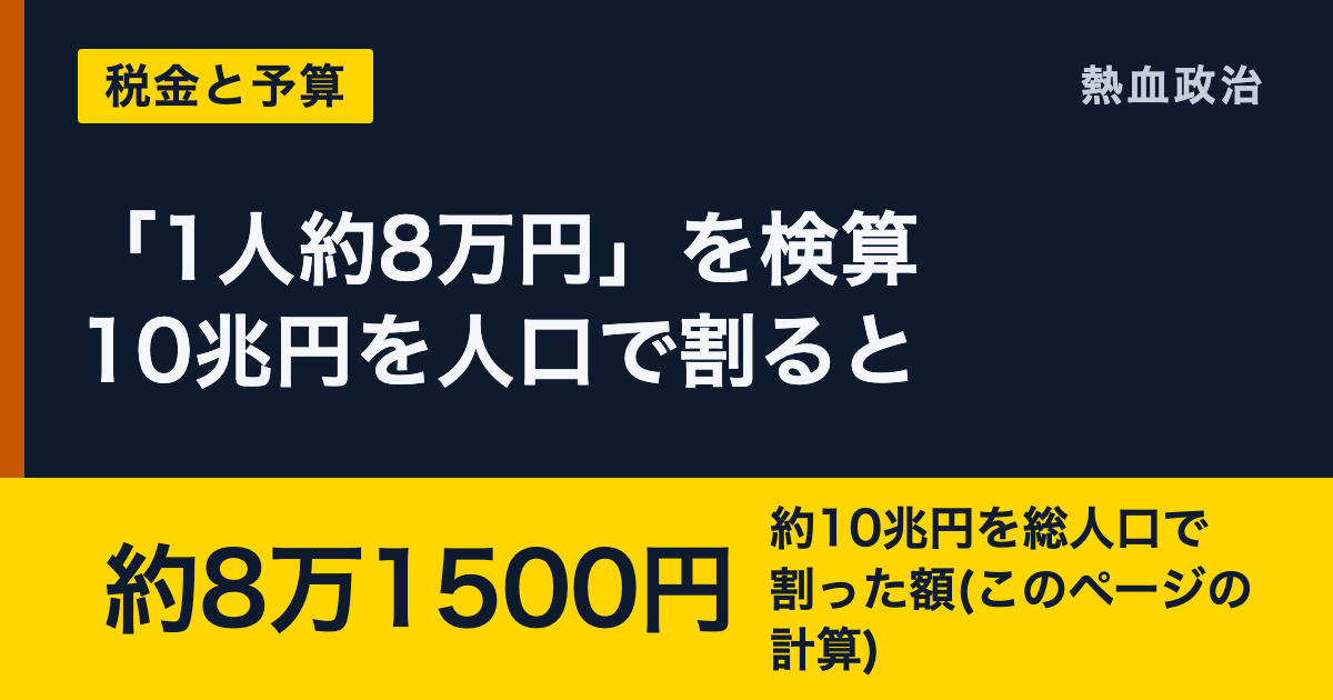 「1人約8万円」を検算 10兆円を人口で割ると|約8万1500円 約10兆円を総人口で割った額(このページの計算)