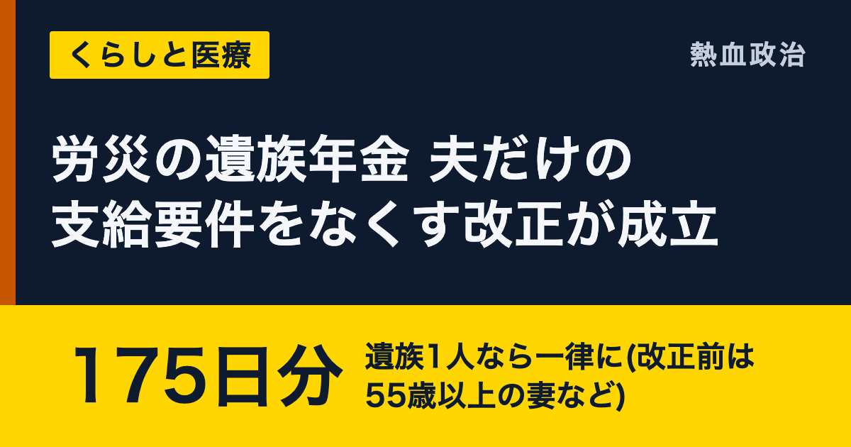 労災の遺族年金 夫だけの支給要件をなくす改正が成立|175日分 遺族1人なら一律に(改正前は55歳以上の妻など)