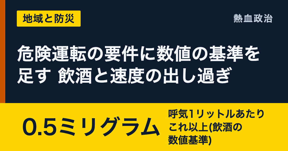 危険運転の要件に数値の基準を足す 飲酒と速度の出し過ぎ|0.5ミリグラム 呼気1リットルあたりこれ以上(飲酒の数値基準)