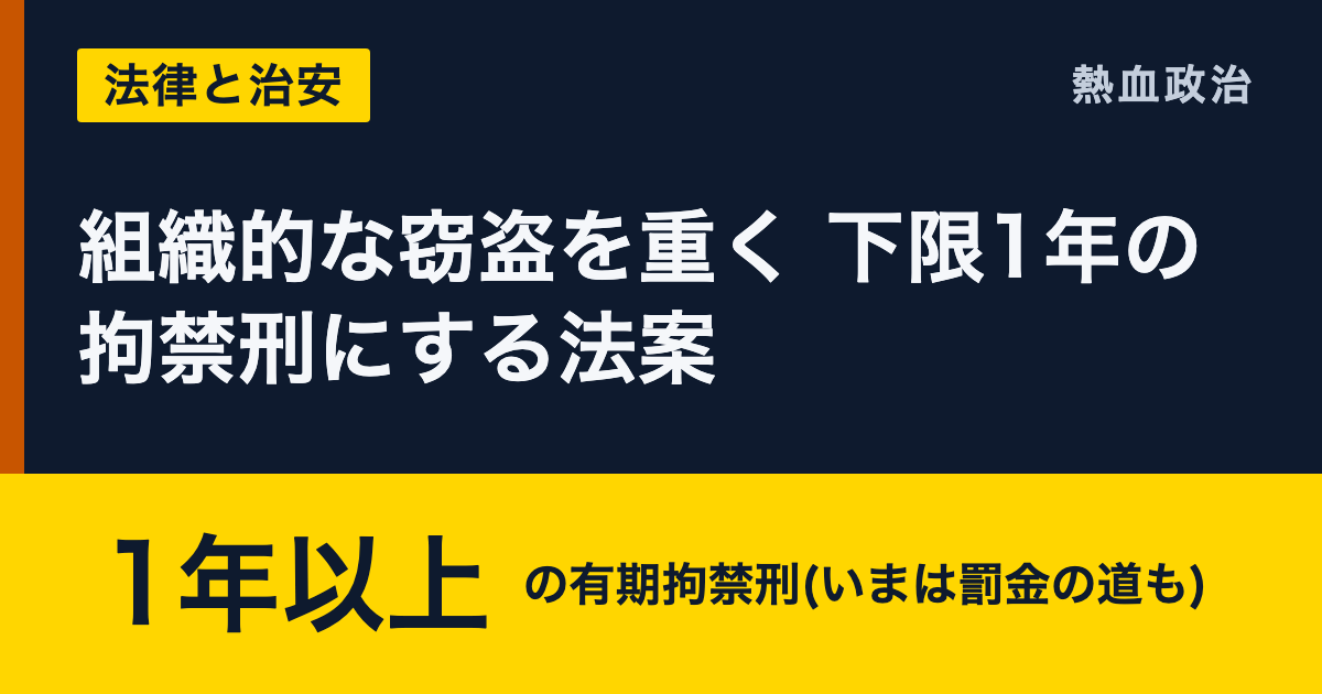 組織的な窃盗を重く 下限1年の拘禁刑にする法案|1年以上 の有期拘禁刑(いまは罰金の道も)